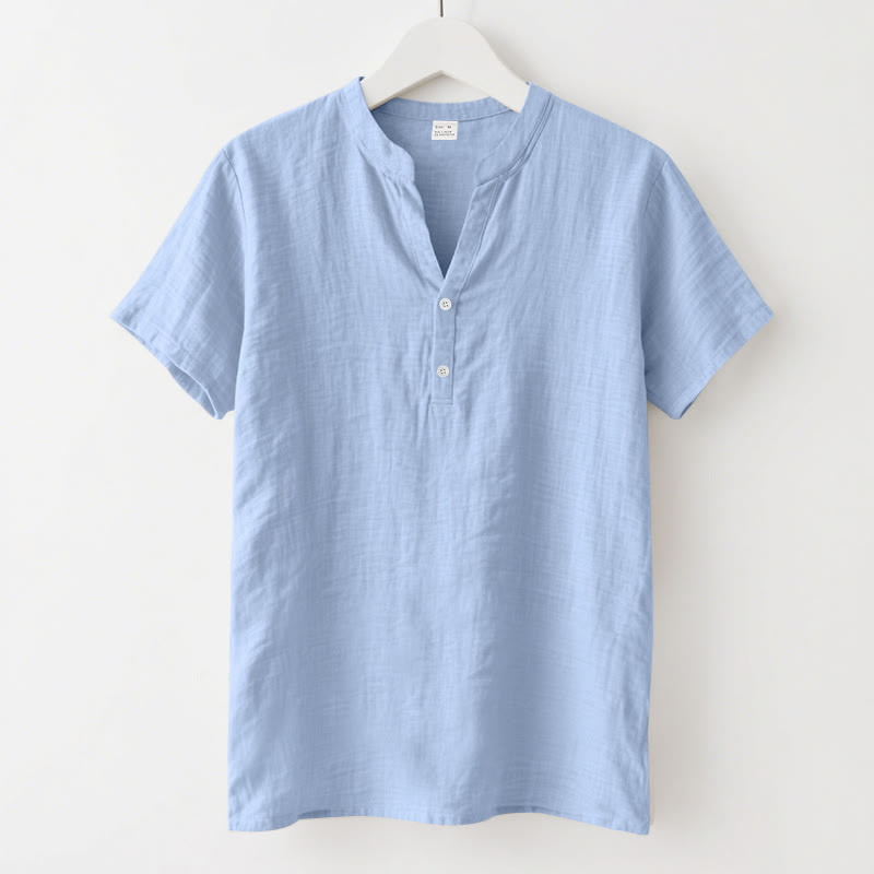 Buddha Stones Solid Summer Short Sleeve Half Buttons Linen Men's Shirt - LightSkyBlue - US/UK/AU46,EU56 (3XL) - image 19