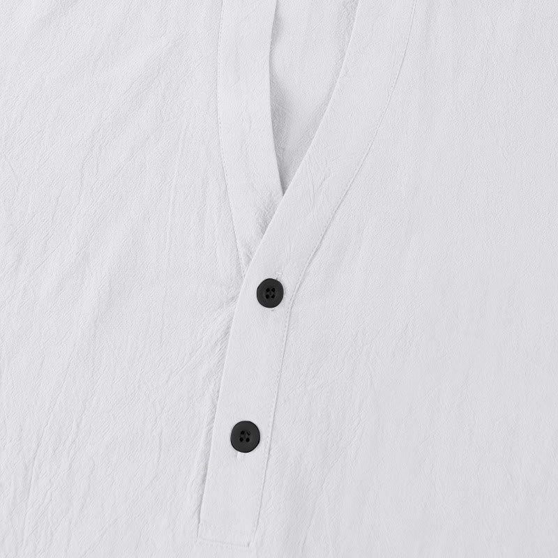 Buddha Stones Solid Summer Short Sleeve Half Buttons Linen Men's Shirt - image 10