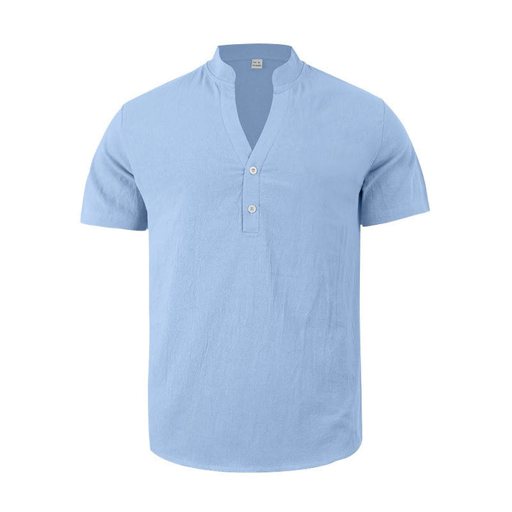 Buddha Stones Solid Summer Short Sleeve Half Buttons Linen Men's Shirt - image 20