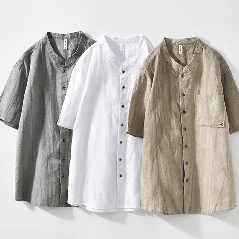 Buddha Stones Summer Buttons Short Sleeve Ramie Linen Cotton Men's Shirt - image 2