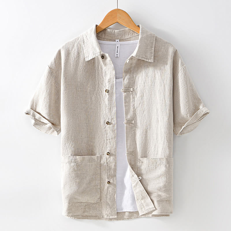 Buddha Stones Solid Summer Short Sleeve Buttons Linen Men's Shirt With Pockets - Linen - US/UK/AU42,EU52 (3XL) - image 1