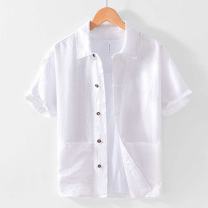 Buddha Stones Solid Summer Short Sleeve Buttons Linen Men's Shirt With Pockets - White - US/UK/AU42,EU52 (3XL) - image 9