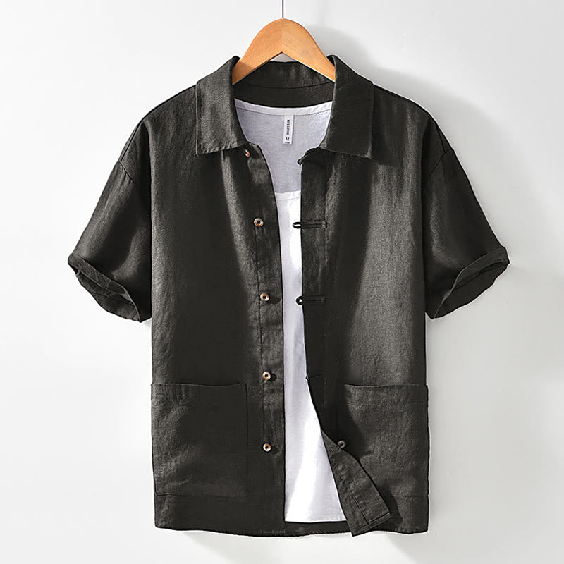 Buddha Stones Solid Summer Short Sleeve Buttons Linen Men's Shirt With Pockets - DimGray - US/UK/AU42,EU52 (3XL) - image 22