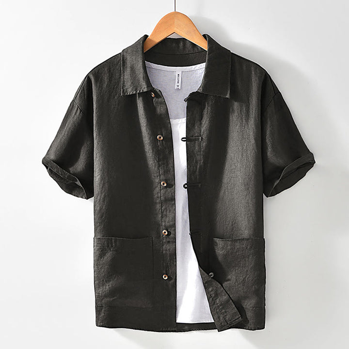 Buddha Stones Solid Summer Short Sleeve Buttons Linen Men's Shirt With Pockets - DimGray - US/UK/AU42,EU52 (3XL) - image 22