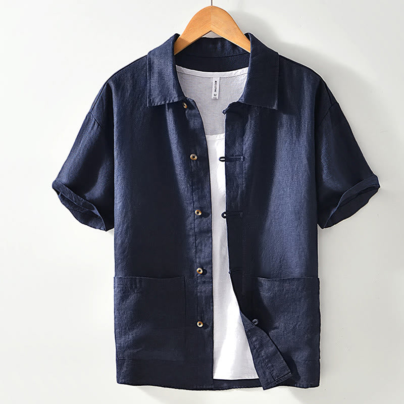 Buddha Stones Solid Summer Short Sleeve Buttons Linen Men's Shirt With Pockets - SteelBlue - US/UK/AU42,EU52 (3XL) - image 16