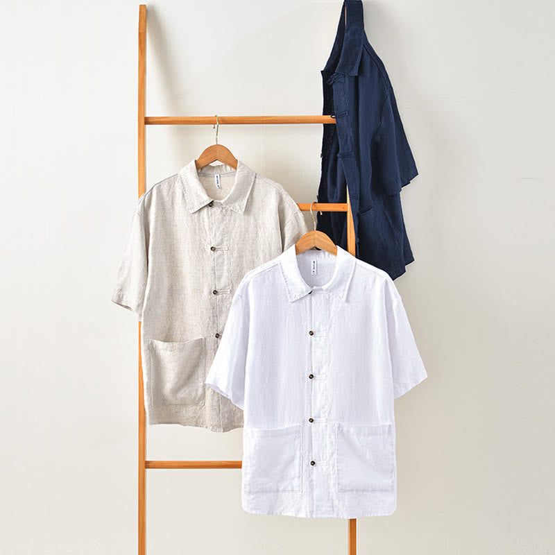 Buddha Stones Solid Summer Short Sleeve Buttons Linen Men's Shirt With Pockets - image 10