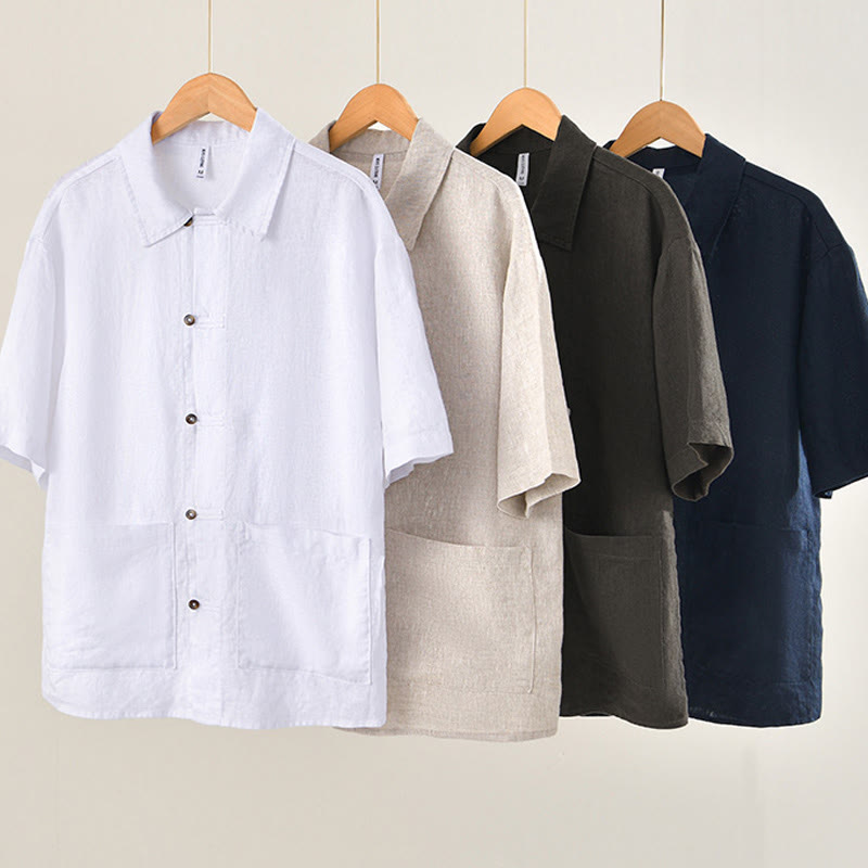 Buddha Stones Solid Summer Short Sleeve Buttons Linen Men's Shirt With Pockets - image 2