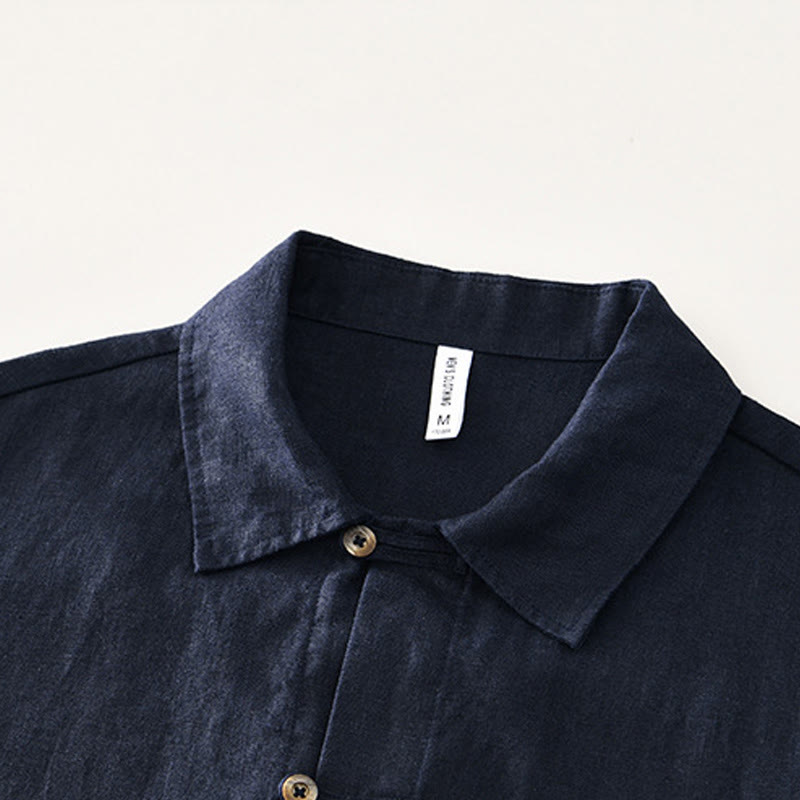 Buddha Stones Solid Summer Short Sleeve Buttons Linen Men's Shirt With Pockets - image 17