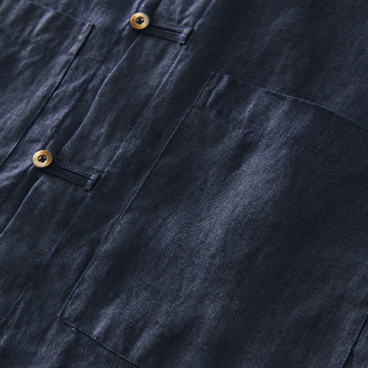 Buddha Stones Solid Summer Short Sleeve Buttons Linen Men's Shirt With Pockets - image 20