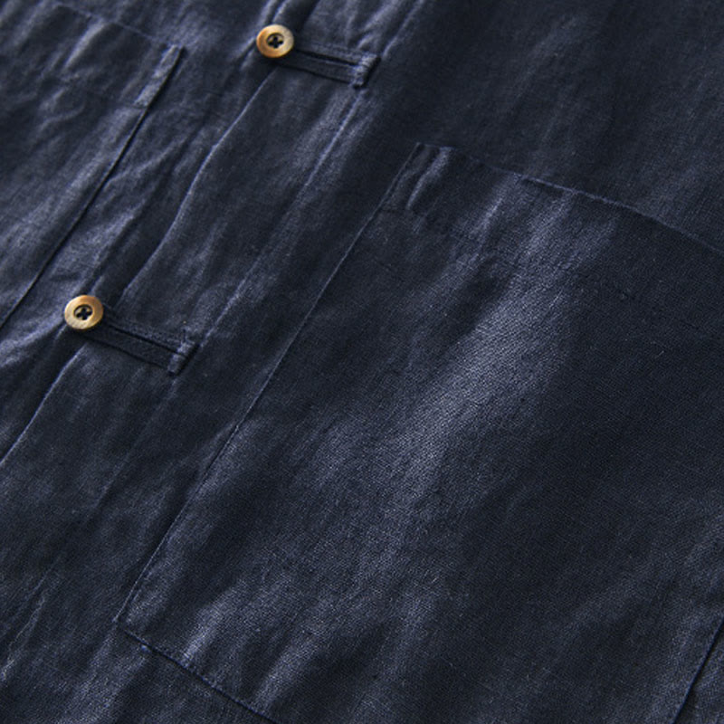 Buddha Stones Solid Summer Short Sleeve Buttons Linen Men's Shirt With Pockets - image 20