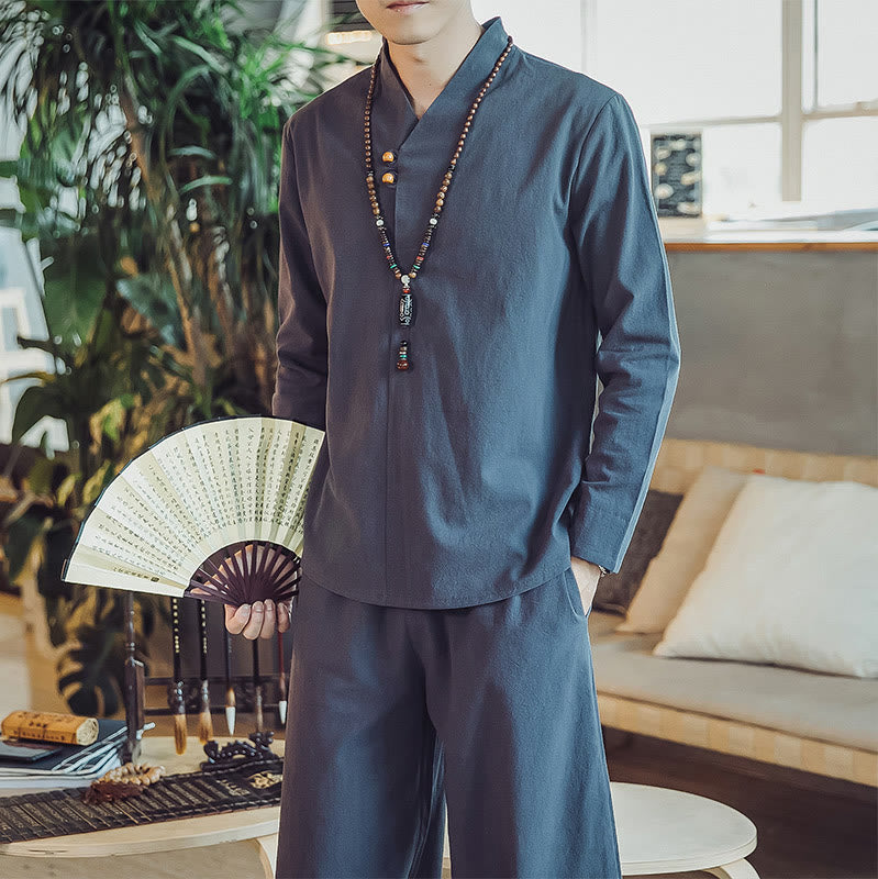 Buddha Stones 2Pcs Cotton Shirt Ankle-Length Pants With Pockets Men's Meditation Cloth Set - image 42