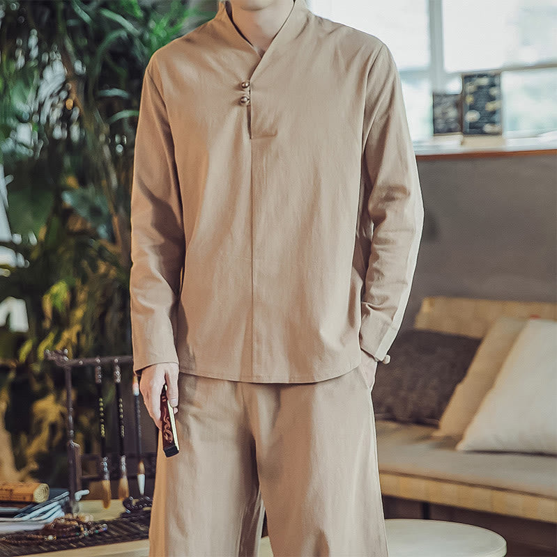 Buddha Stones 2Pcs Cotton Shirt Ankle-Length Pants With Pockets Men's Meditation Cloth Set - image 30