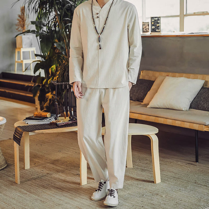 Buddha Stones 2Pcs Cotton Shirt Ankle-Length Pants With Pockets Men's Meditation Cloth Set - Beige - US/UK/AU46,EU56 (5XL) - image 1