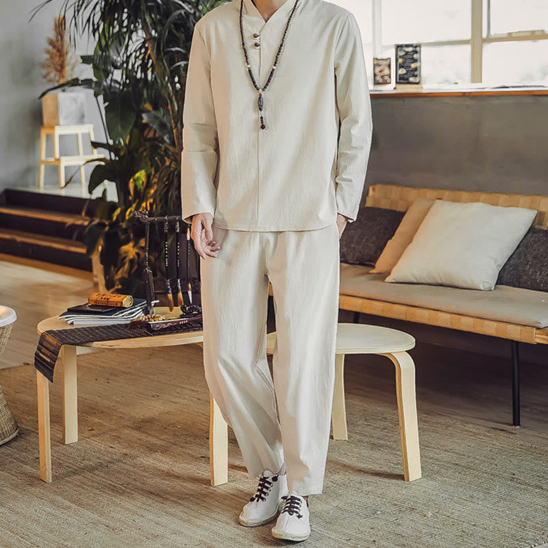 Buddha Stones 2Pcs Cotton Shirt Ankle-Length Pants With Pockets Men's Meditation Cloth Set - Beige - US/UK/AU46,EU56 (5XL) - image 1