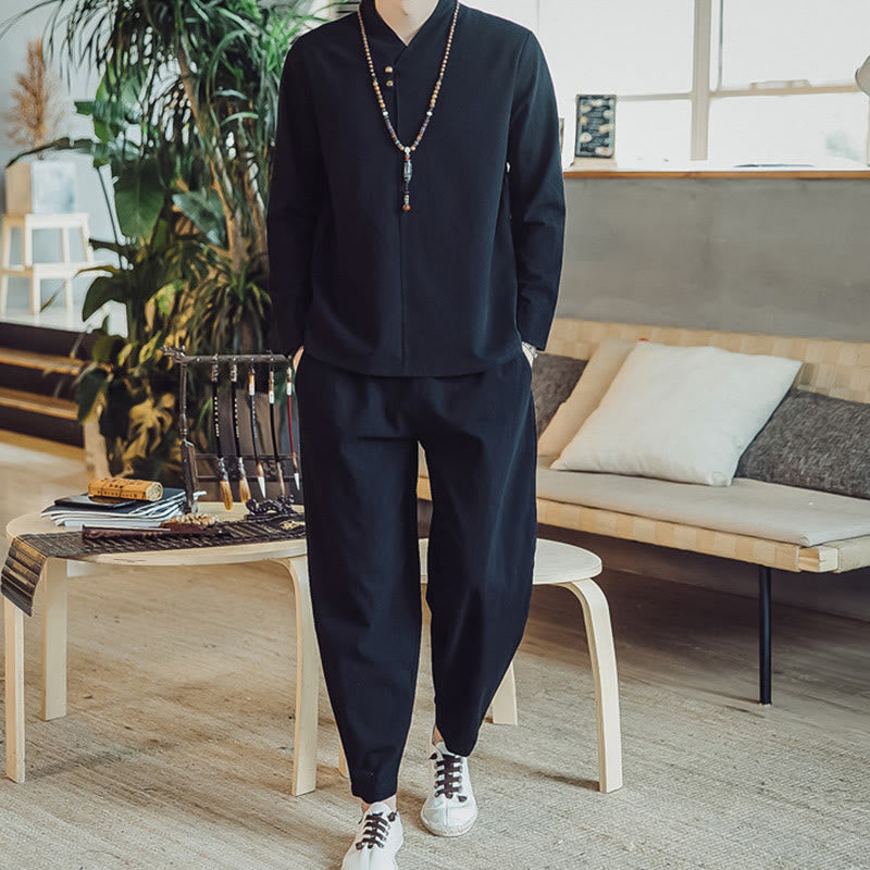 Buddha Stones 2Pcs Cotton Shirt Ankle-Length Pants With Pockets Men's Meditation Cloth Set - Black - US/UK/AU46,EU56 (5XL) - image 10