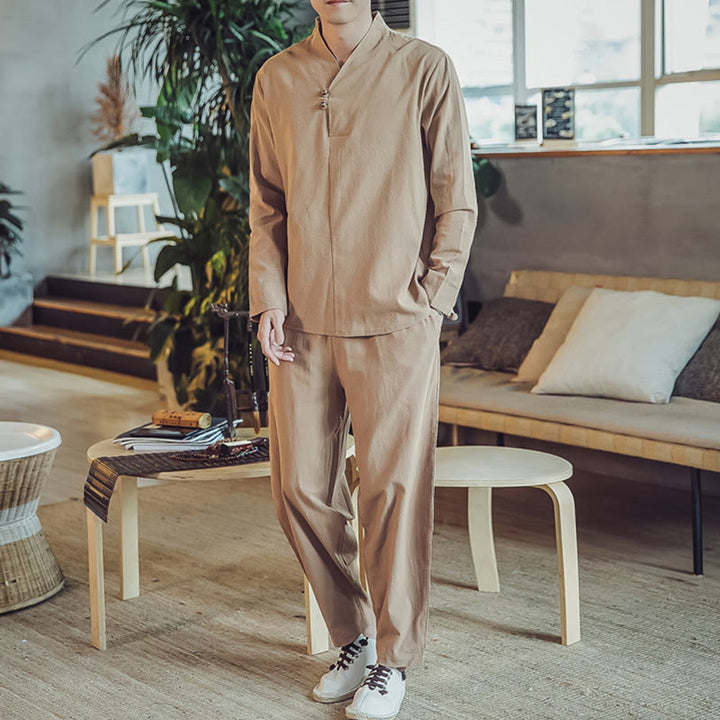 Buddha Stones 2Pcs Cotton Shirt Ankle-Length Pants With Pockets Men's Meditation Cloth Set - Tan - US/UK/AU46,EU56 (5XL) - image 27