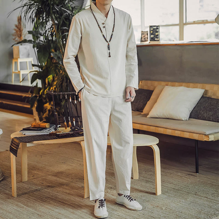 Buddha Stones 2Pcs Cotton Shirt Ankle-Length Pants With Pockets Men's Meditation Cloth Set - image 3