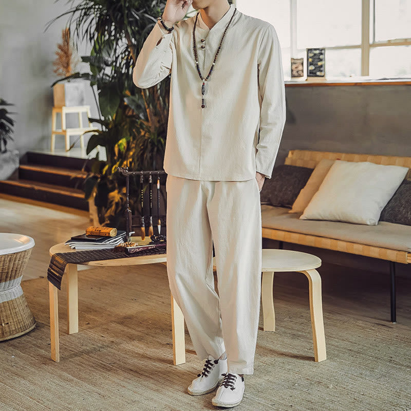 Buddha Stones 2Pcs Cotton Shirt Ankle-Length Pants With Pockets Men's Meditation Cloth Set - image 2