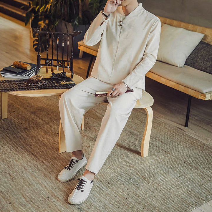 Buddha Stones 2Pcs Cotton Shirt Ankle-Length Pants With Pockets Men's Meditation Cloth Set - image 4