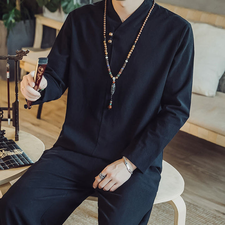 Buddha Stones 2Pcs Cotton Shirt Ankle-Length Pants With Pockets Men's Meditation Cloth Set - image 15