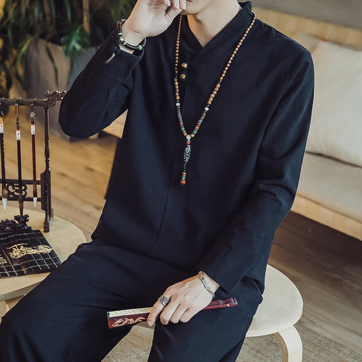 Buddha Stones 2Pcs Cotton Shirt Ankle-Length Pants With Pockets Men's Meditation Cloth Set - image 17