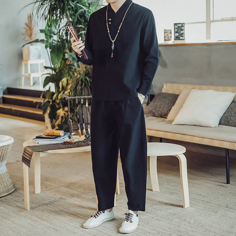 Buddha Stones 2Pcs Cotton Shirt Ankle-Length Pants With Pockets Men's Meditation Cloth Set - image 12