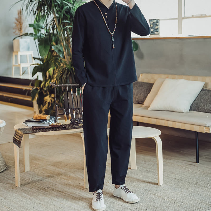 Buddha Stones 2Pcs Cotton Shirt Ankle-Length Pants With Pockets Men's Meditation Cloth Set - image 11