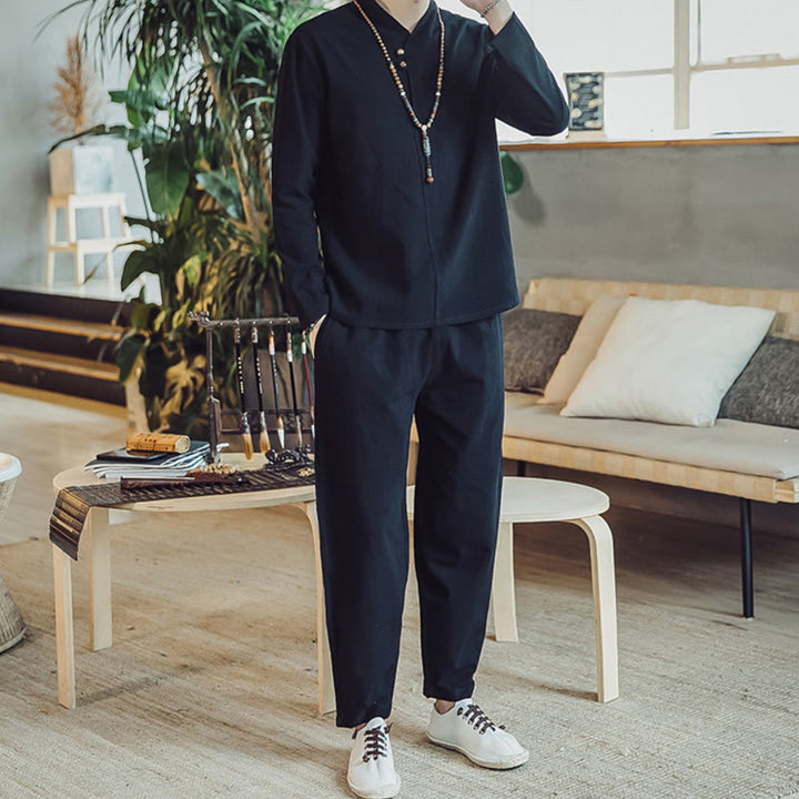 Buddha Stones 2Pcs Cotton Shirt Ankle-Length Pants With Pockets Men's Meditation Cloth Set - image 11