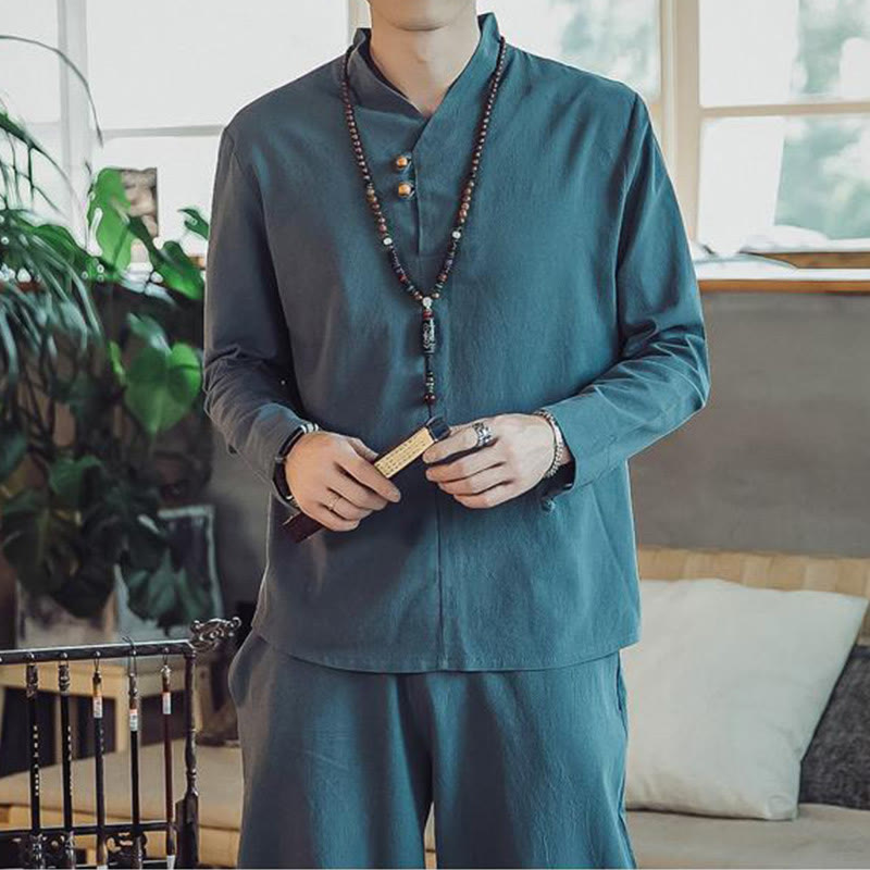 Buddha Stones 2Pcs Cotton Shirt Ankle-Length Pants With Pockets Men's Meditation Cloth Set - image 23
