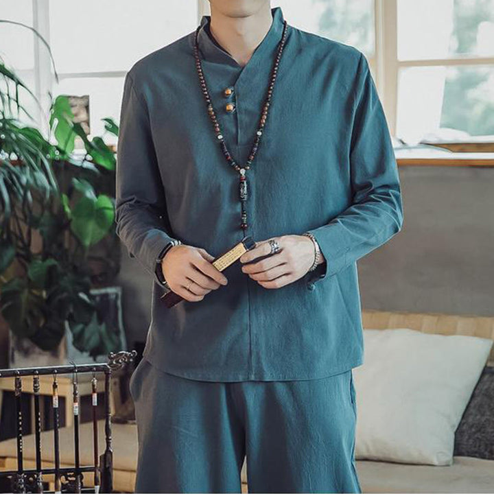 Buddha Stones 2Pcs Cotton Shirt Ankle-Length Pants With Pockets Men's Meditation Cloth Set - image 23