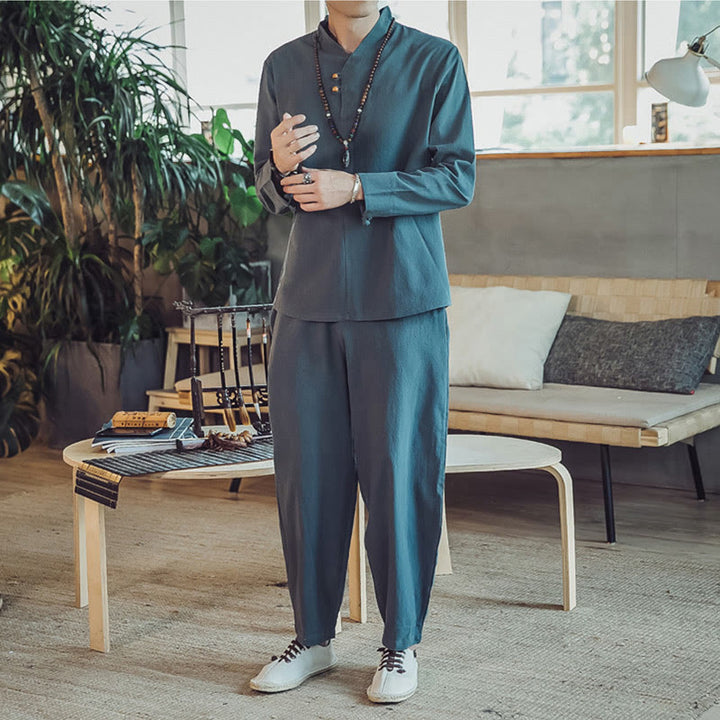 Buddha Stones 2Pcs Cotton Shirt Ankle-Length Pants With Pockets Men's Meditation Cloth Set - image 21