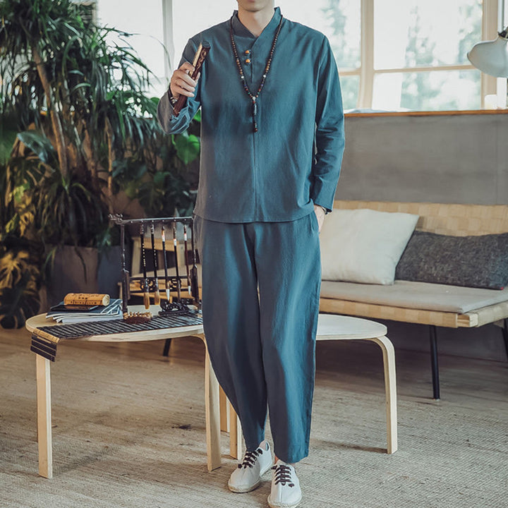 Buddha Stones 2Pcs Cotton Shirt Ankle-Length Pants With Pockets Men's Meditation Cloth Set - image 20