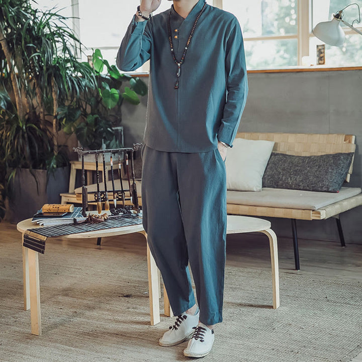 Buddha Stones 2Pcs Cotton Shirt Ankle-Length Pants With Pockets Men's Meditation Cloth Set - image 22