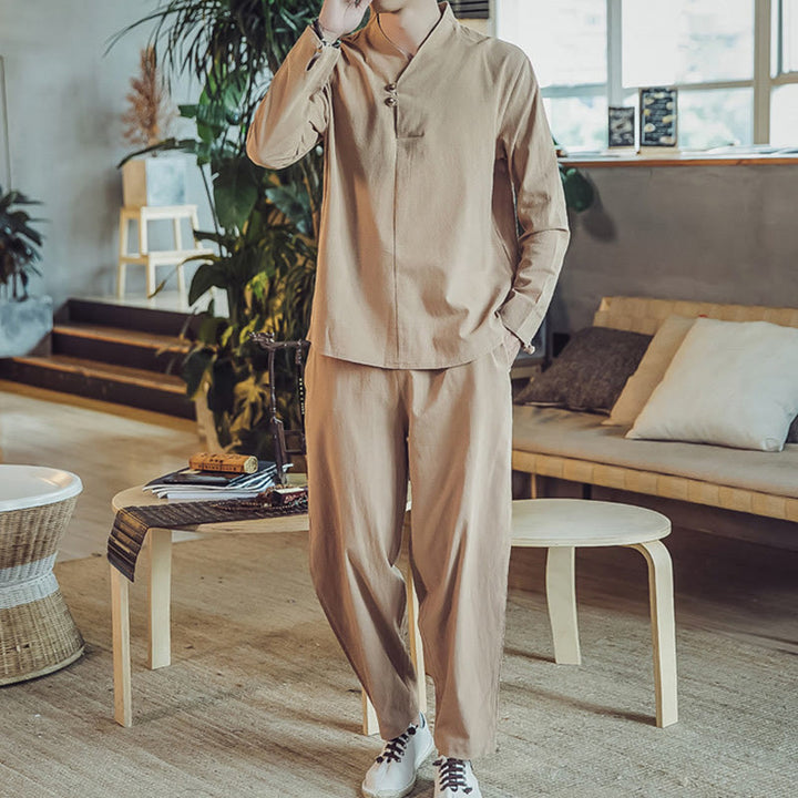 Buddha Stones 2Pcs Cotton Shirt Ankle-Length Pants With Pockets Men's Meditation Cloth Set - image 28