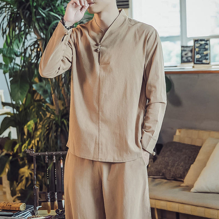 Buddha Stones 2Pcs Cotton Shirt Ankle-Length Pants With Pockets Men's Meditation Cloth Set - image 31