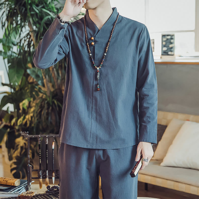 Buddha Stones 2Pcs Cotton Shirt Ankle-Length Pants With Pockets Men's Meditation Cloth Set - image 39