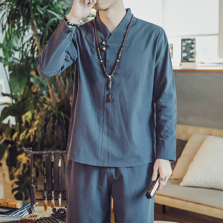 Buddha Stones 2Pcs Cotton Shirt Ankle-Length Pants With Pockets Men's Meditation Cloth Set - image 39