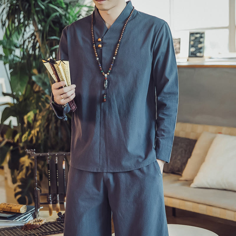 Buddha Stones 2Pcs Cotton Shirt Ankle-Length Pants With Pockets Men's Meditation Cloth Set - image 43