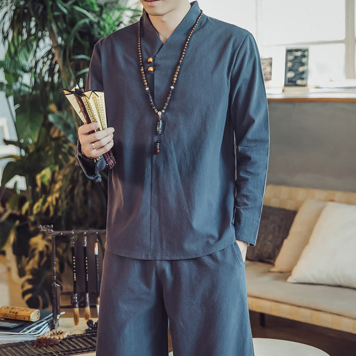 Buddha Stones 2Pcs Cotton Shirt Ankle-Length Pants With Pockets Men's Meditation Cloth Set - image 43