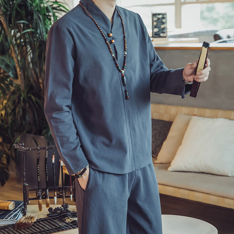 Buddha Stones 2Pcs Cotton Shirt Ankle-Length Pants With Pockets Men's Meditation Cloth Set - image 41