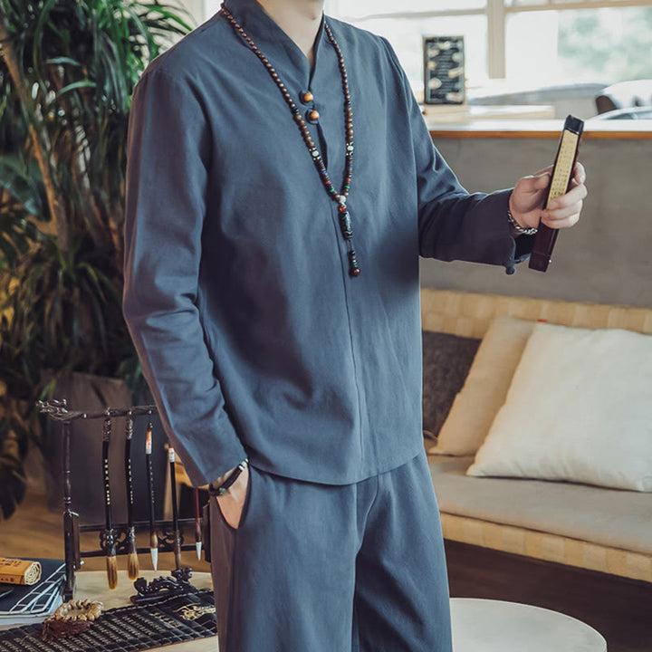 Buddha Stones 2Pcs Cotton Shirt Ankle-Length Pants With Pockets Men's Meditation Cloth Set - image 41