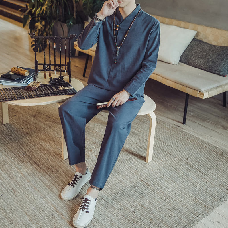 Buddha Stones 2Pcs Cotton Shirt Ankle-Length Pants With Pockets Men's Meditation Cloth Set - image 38