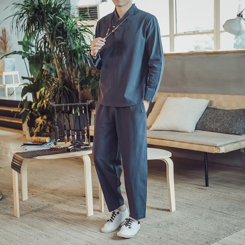 Buddha Stones 2Pcs Cotton Shirt Ankle-Length Pants With Pockets Men's Meditation Cloth Set - image 37