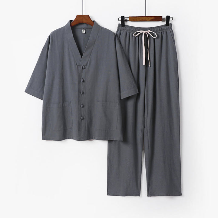 Buddha Stones 2Pcs Summer V-Neck Cotton Shirt Pants With Pockets Men's Meditation Cloth Set - LightGrey - US/UK/AU56,EU66(9XL) - image 1