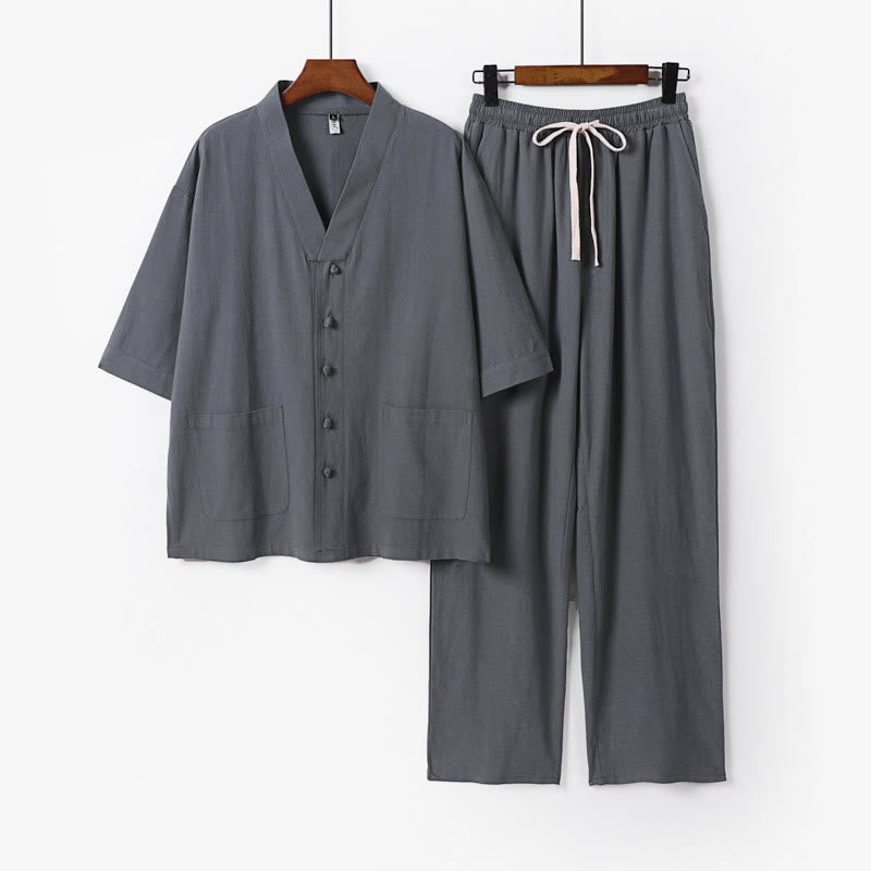 Buddha Stones 2Pcs Summer V-Neck Cotton Shirt Pants With Pockets Men's Meditation Cloth Set - LightGrey - US/UK/AU56,EU66(9XL) - image 1