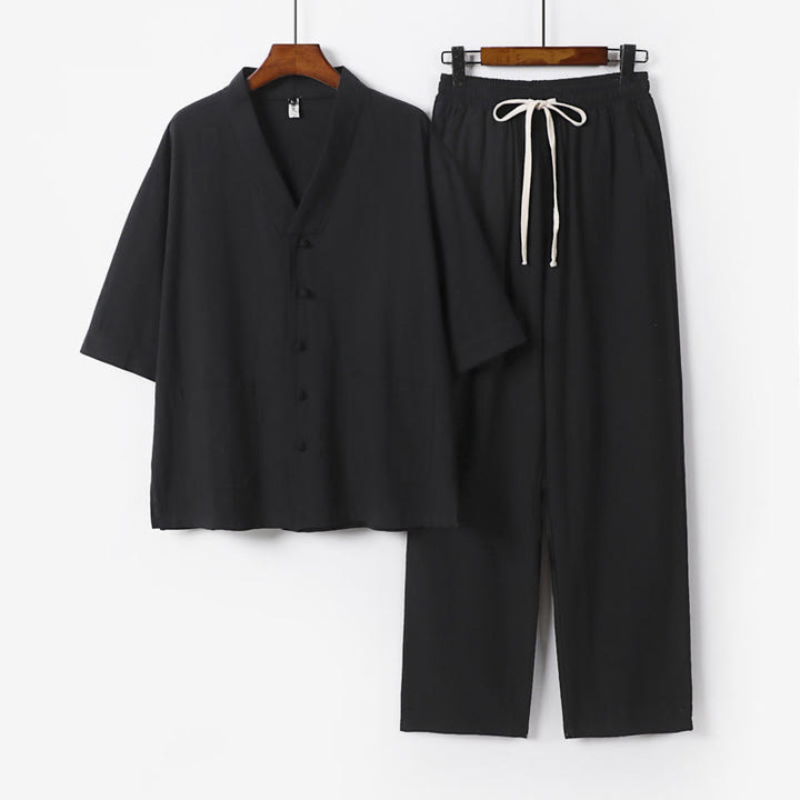 Buddha Stones 2Pcs Summer V-Neck Cotton Shirt Pants With Pockets Men's Meditation Cloth Set - Black - US/UK/AU56,EU66(9XL) - image 12