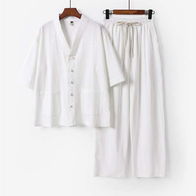 Buddha Stones 2Pcs Summer V-Neck Cotton Shirt Pants With Pockets Men's Meditation Cloth Set - White - US/UK/AU56,EU66(9XL) - image 3