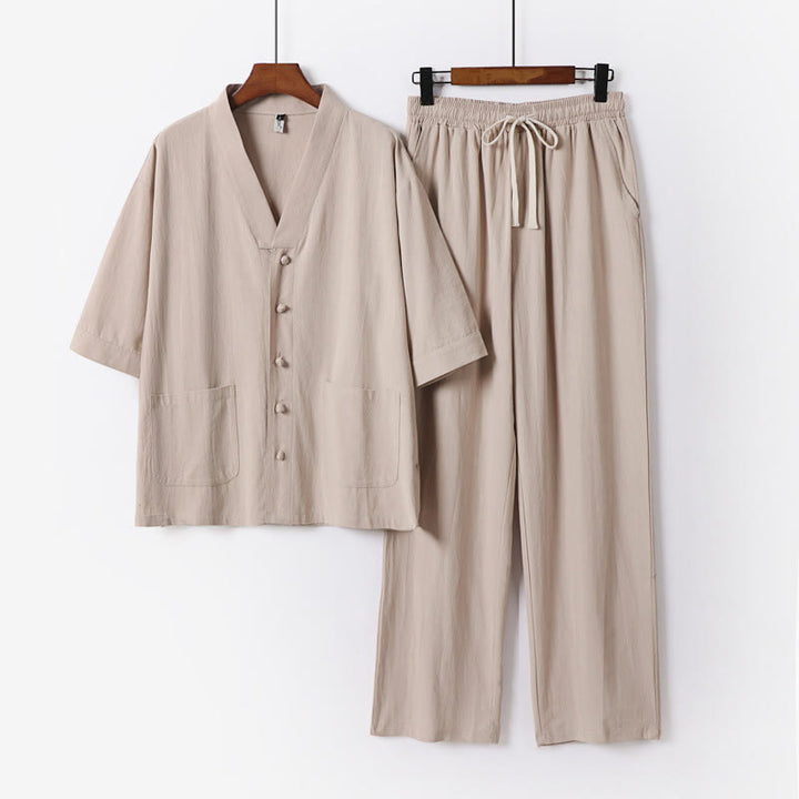 Buddha Stones 2Pcs Summer V-Neck Cotton Shirt Pants With Pockets Men's Meditation Cloth Set - Wheat - US/UK/AU56,EU66(9XL) - image 15