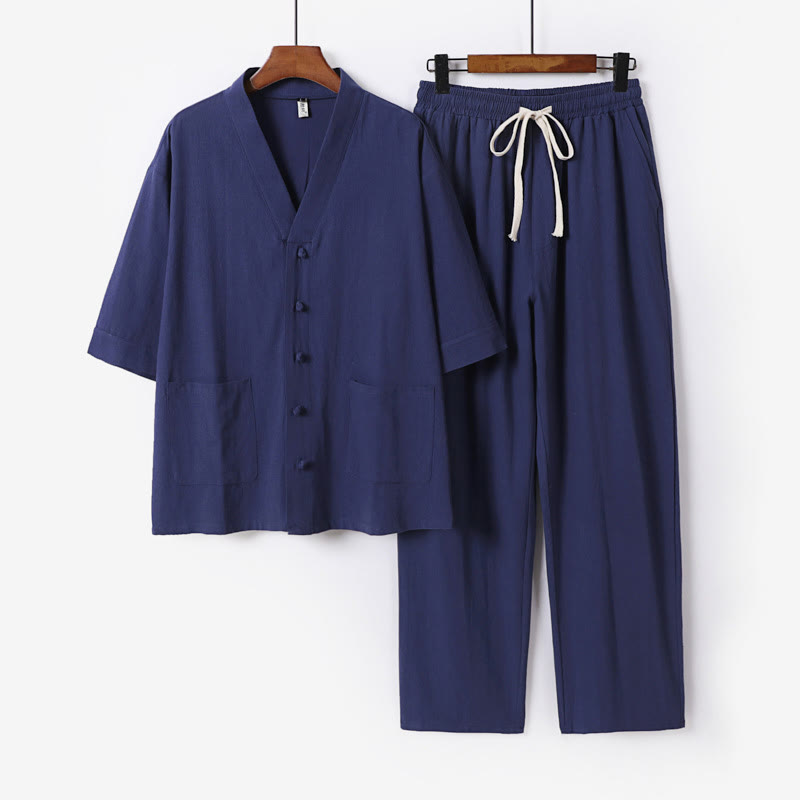 Buddha Stones 2Pcs Summer V-Neck Cotton Shirt Pants With Pockets Men's Meditation Cloth Set - SteelBlue - US/UK/AU56,EU66(9XL) - image 18