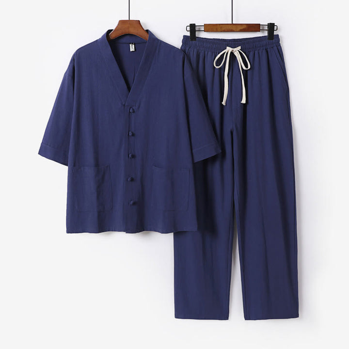 Buddha Stones 2Pcs Summer V-Neck Cotton Shirt Pants With Pockets Men's Meditation Cloth Set - SteelBlue - US/UK/AU56,EU66(9XL) - image 18